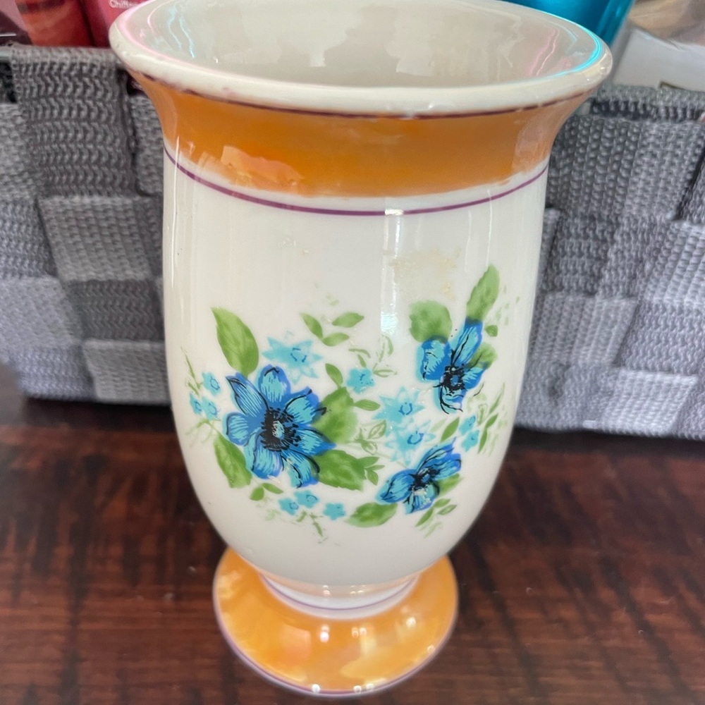 VINTAGE Brazilian LUSTERWARE 5" VASE BLUE FLOWERS HAND PAINTED MADE IN BRAZIL